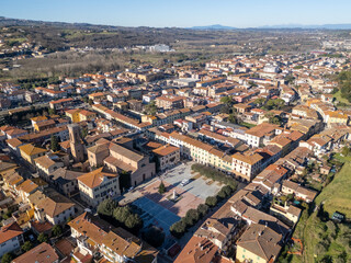 Aerial drone photo of the town center in Certaldo in Tuscany, Italy.