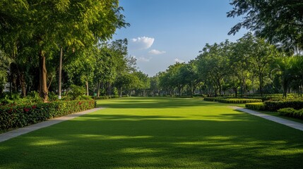 Lush green park lawn with trees and pathways under a clear blue sky in a serene urban setting