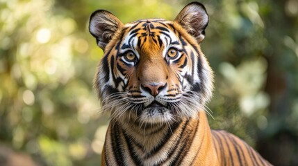Fototapeta premium Majestic close-up of a tiger showcasing its striking features against a soft background perfect for wall art and social media visuals