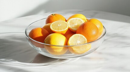 Fresh harvest of vibrant organic oranges and lemons arranged in a glass bowl highlighting their...