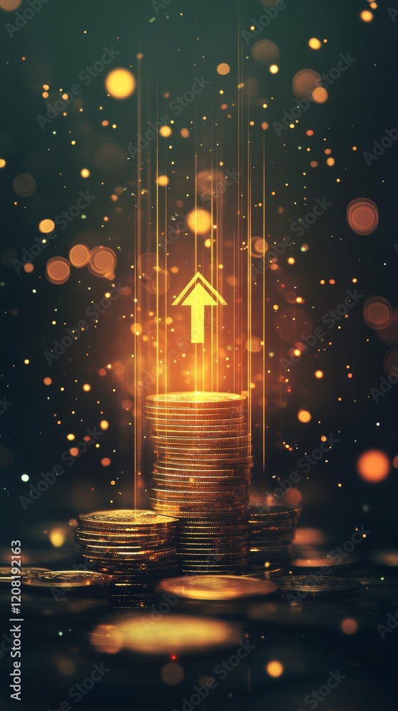 Aufkleber Golden coins stacked high, symbolizing increasing value and financial growth, with an upward arrow and a bokeh effect in the background
