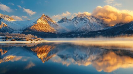 Fototapeta premium Majestic winter landscape with golden sunrise illuminating snow-covered mountains reflected in tranquil lake waters