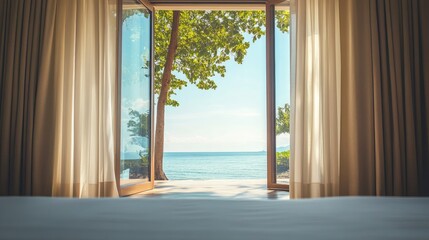 Fototapeta premium Serene hotel room with a picturesque sea view and open window framing lush greenery outside