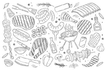 BBQ party outline icons set, barbecue, grill or picnic. Grilled salmon, sausage, vegetables, meat steak and shrimp drawing monochrome illustration. Hand drawn barbecue tools.