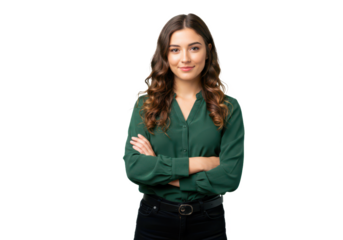 A confident young woman with wavy brown hair in a green blouse and black pants, standing with arms crossed isolated on transparent background