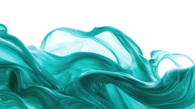 Rich turquoise liquid wave gracefully flows against a pure white background