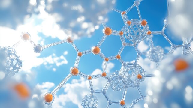 Nanotechnology Integration of Titanium Dioxide Molecular Structures Against a Bright Blue Sky with Soft Clouds and Sunlight Elements