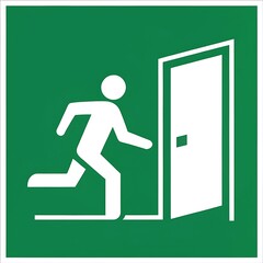 White running figure exiting through open green door safety sign person