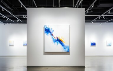 A modern art gallery featuring vibrant abstract artwork with blue and yellow hues, displayed on a clean white wall.