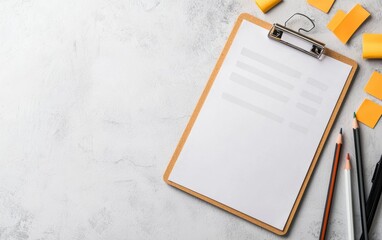 A blank clipboard lies beside colorful stationery items on a light surface, ready for notes or sketches.