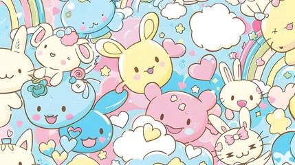 Kawaii-themed wallpaper showcasing pastel-colored animals in a charming and delightful design  .