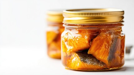 Canned Orange Fish in Glass Jars with Golden Lids on White Background for Food and Grocery Concepts