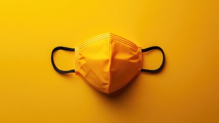 Vibrant Yellow Face Mask on Bright Yellow Surface with Black Ear Loops, Minimalistic Studio Photography