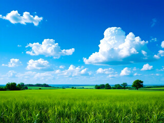 Obraz premium A green field with trees and blue sky