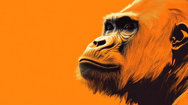Close Up Side Portrait of Orange Gorilla Face Against Vibrant Orange Background Mammal Conceptual Art Focused on Expression and Detail