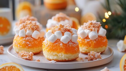 Colorful Orange-Frosted Donuts Topped with Marshmallow and Crunchy Toppings, Set Against a Festive Background with Citrus Accents.