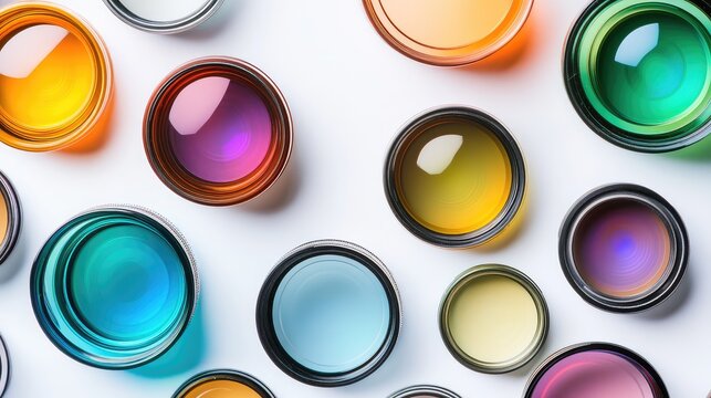Colorful Optical Lenses Array on a Bright White Surface Featuring Various Shapes and Shades of Blue, Green, Yellow, and Orange Glass Elements