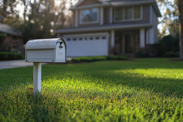 classic white mailbox beside manicured green lawn, pristine suburban house backdrop
