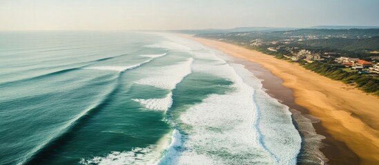 Fototapeta premium Aerial view of crashing ocean waves on sandy beach ideal for travel and surfing promotions with space for advertising text