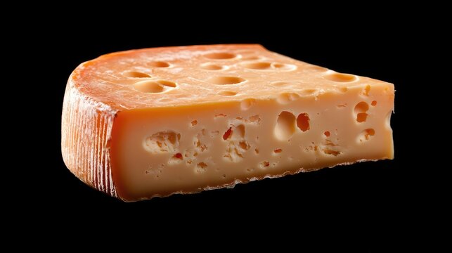 Close up of orange hard cheese with holes on a black background angled view showcasing raw Celtic style cut and texture details.