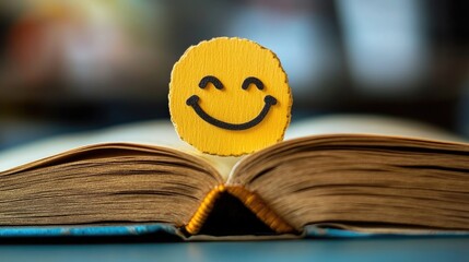 Open book with cheerful smiley face bookmark symbolizing joy and knowledge in a cozy reading environment.