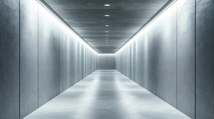 Minimalist interior corridor featuring smooth concrete walls and ambient accent lighting in a narrow, well-lit space for text placement.