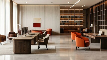 Modern Office Interior with Desks, Chairs, and Computers Design