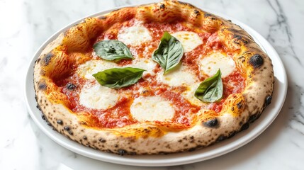 Freshly Baked Margherita Pizza on White Plate with Basil Leaves on Marble Background for National Pizza Month Celebration