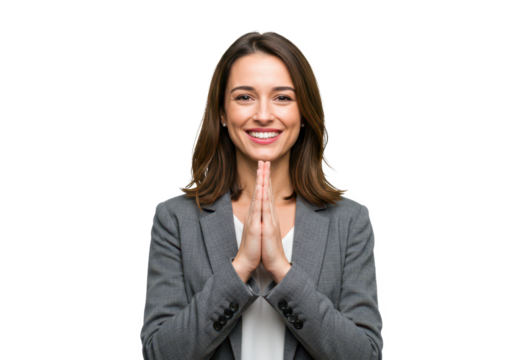 A cheerful woman with shoulder-length brown hair, wearing a gray blazer and a white blouse, clasping her hands isolated on transparent background