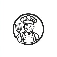 Chef smiles holding a spatula, graphic, isolated background, culinary use