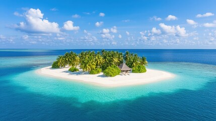 Fototapeta premium A small island with palm trees and a hut sits in the middle of the ocean