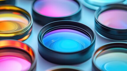 Colorful optical lens samples with anti-reflective coating arranged in a studio setting showcasing detailed production and visual clarity