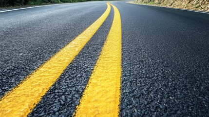 Winding asphalt road with double yellow dashed lines surrounded by greenery under bright sunlight