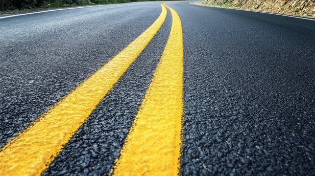 Winding asphalt road with double yellow dashed lines surrounded by greenery under bright sunlight