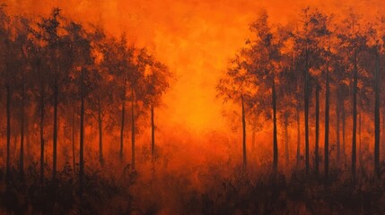 Misty Forest Silhouette Against Vibrant Orange Sunset Sky with Dark Tree Outlines and Soft Background Gradient in Warm Tones