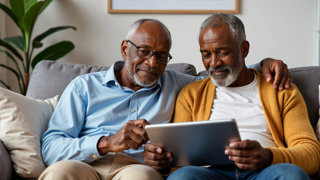 Elderly LGBT+ couple sitting together on a couch, using a tablet, relaxed, smiling, with cozy indoor atmosphere – concept of technology in later life, family connection, and elderly tech use