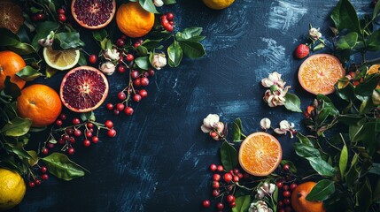 Rustic festive spread with oranges and cranberries