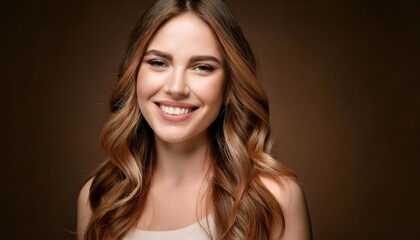 Fototapeta premium Beautiful smiling woman with long brown wavy hair posing on brown background