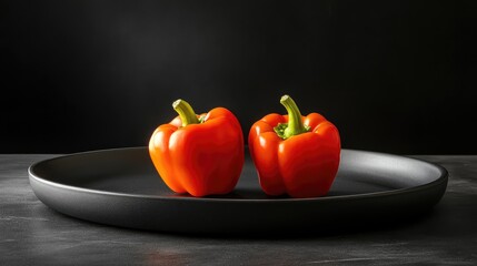Vibrant orange and red bell peppers arranged neatly on a textured black plate against a dark backdrop showcasing culinary elegance and freshness.