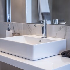 Fototapeta premium Contemporary white rectangular sink with chrome faucet in modern kitchen hallway with gray accents and marble details showcasing empty countertop space.