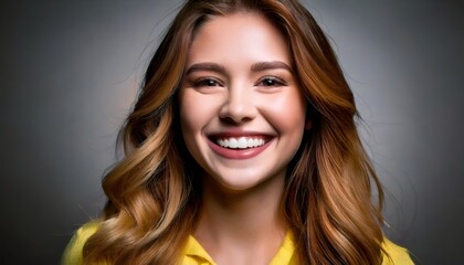 Naklejka premium Beautiful smiling girl with long brown hair showing white teeth