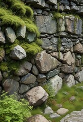 Ancient stone wall with moss and lichen growth , ancient wall, natural scenery, weathered stones