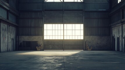 Industrial warehouse interior with open garage door showcasing spacious empty area and natural light streaming through large windows.