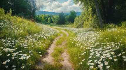 Obraz premium Narrow dirt path through a sunny flowering meadow filled with white daisies and green grass under a blue sky with fluffy clouds.