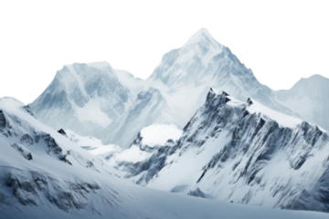 Snow-covered mountain range under a cloudy sky in a remote location during winter season isolated on transparent background