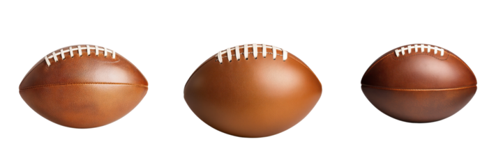 Three brown footballs displayed in various orientations, showcasing their textured surfaces and stitching details.