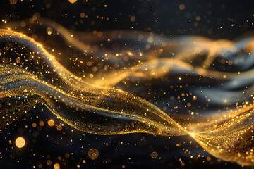 Luxury Gold Waves on Black Background with Sleek Metallic Highlights and Radiant Fluid Motion for Modern Abstract Elegance