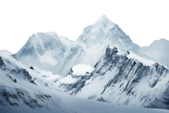 Snow-covered mountain range under a cloudy sky in a remote location during winter season isolated on transparent background