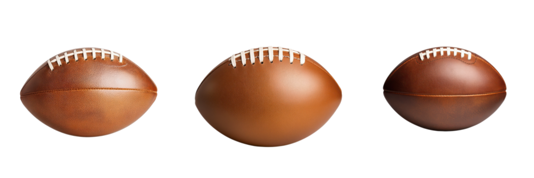 Three brown footballs displayed in various orientations, showcasing their textured surfaces and stitching details.