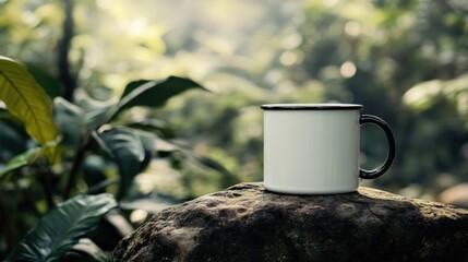 Obraz premium Blank mug sits on rock in jungle; nature background; mockup